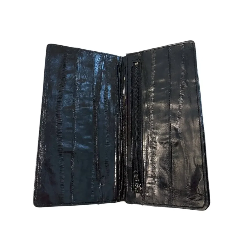 Vintage DH Salon Black Eel Skin Leather Clutch Wallet Luxury Exotic Slim 90s
